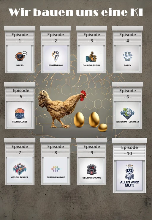 KI gerneriertes Bild mit Huhn, drei goldenen Eiern und dem Bild der Episode 10 Alles wird gut